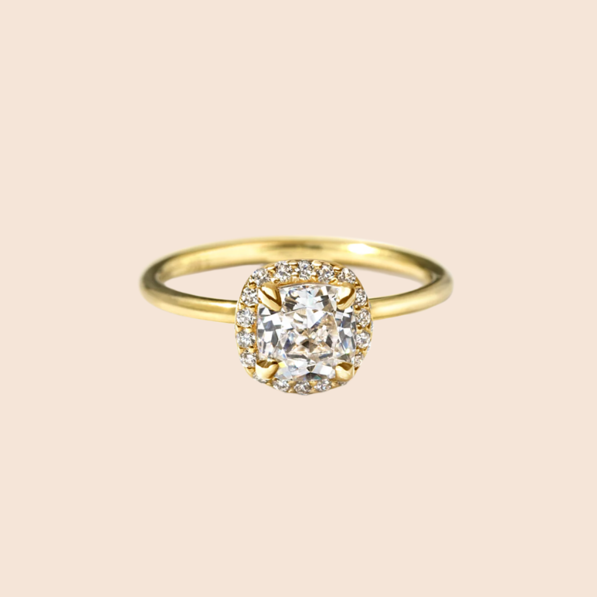 18K Yellow Gold Cushion Halo Engagement Ring