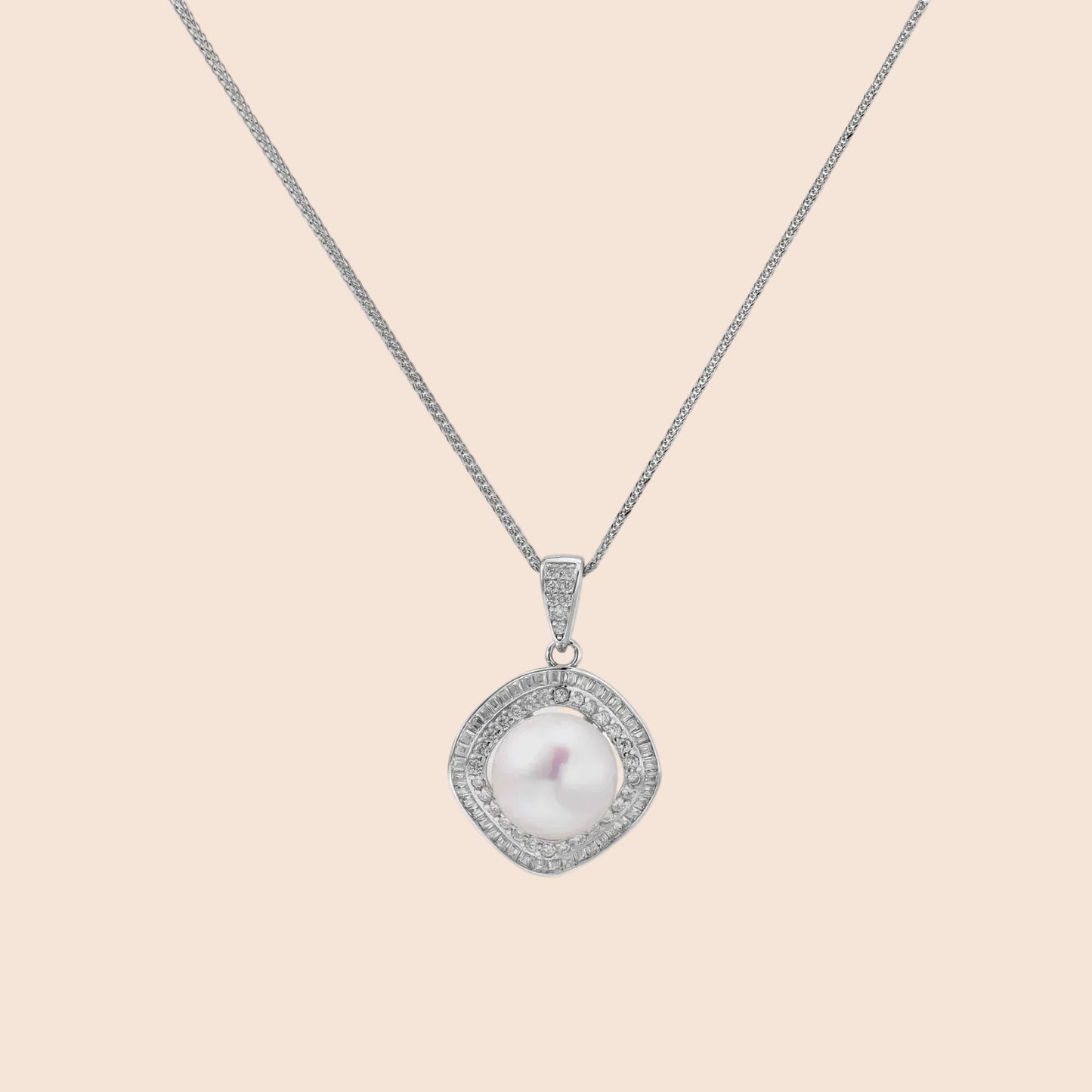Cushion-shaped double halo pendant with 10mm freshwater pearl center on rhodium-plated sterling silver chain