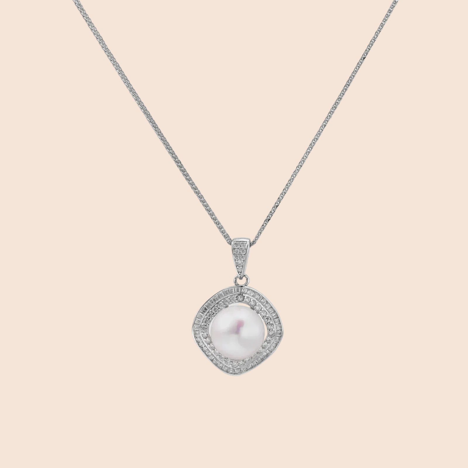 Cushion-shaped double halo pendant with 10mm freshwater pearl center on rhodium-plated sterling silver chain