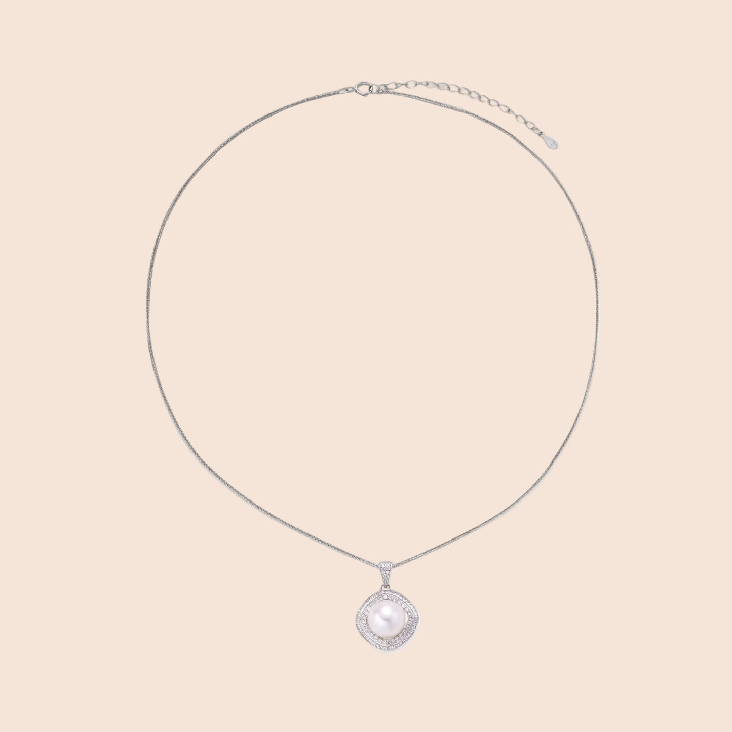 Cushion-shaped double halo pendant with 10mm freshwater pearl center on rhodium-plated sterling silver chain