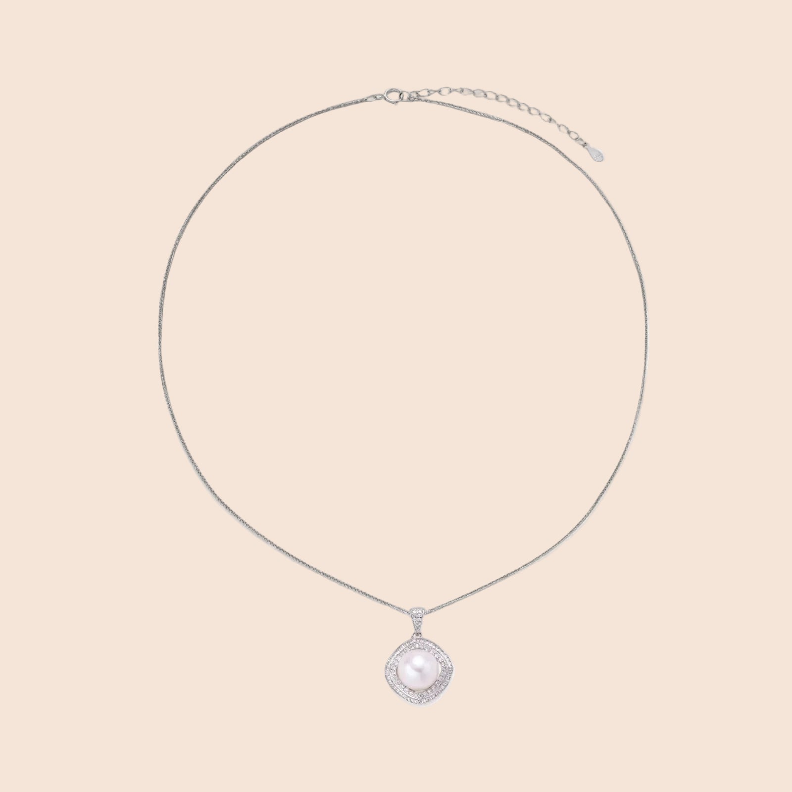Cushion-shaped double halo pendant with 10mm freshwater pearl center on rhodium-plated sterling silver chain