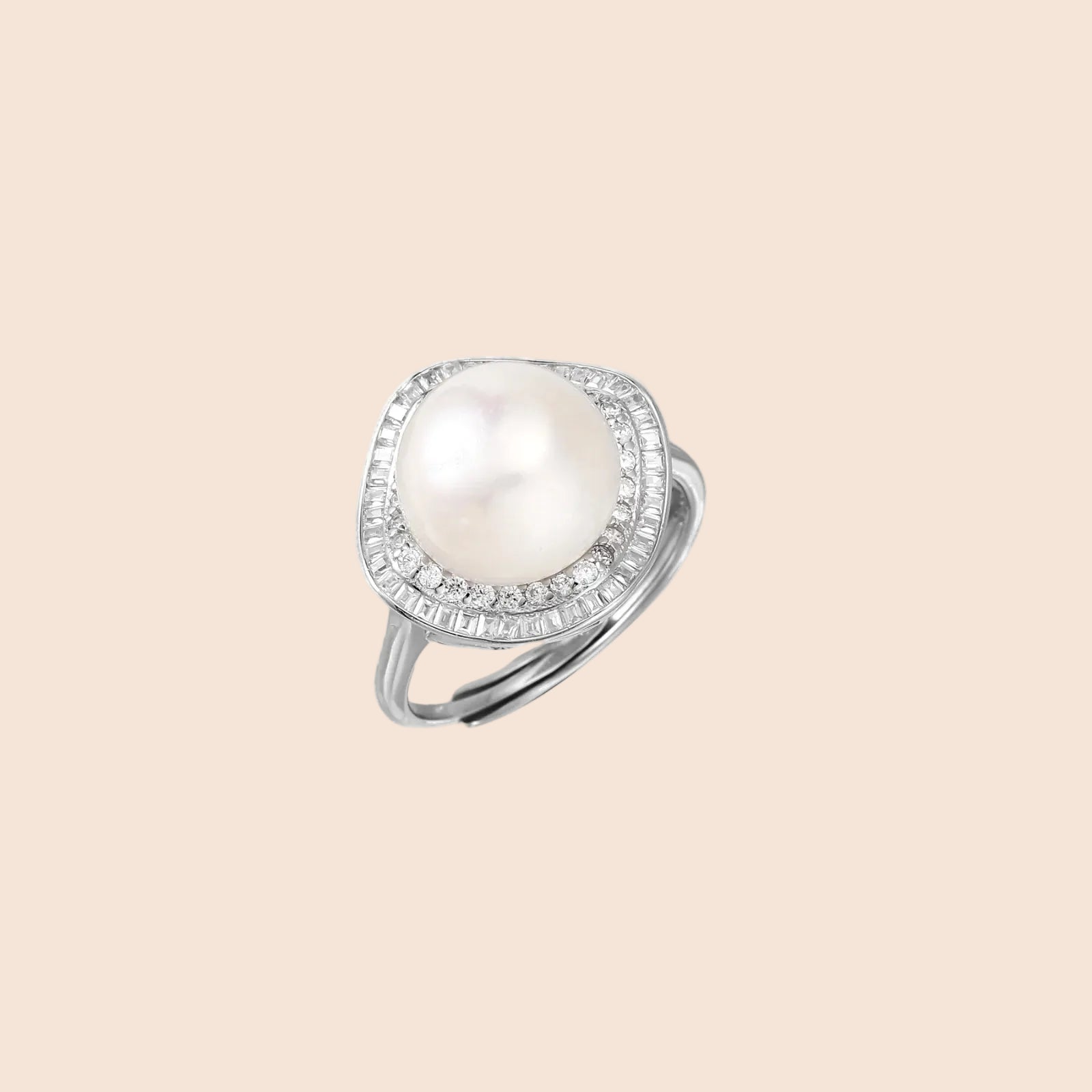 Rhodium-plated silver ring with round pearl center, double halo of baguette and round crystals forming cushion shape