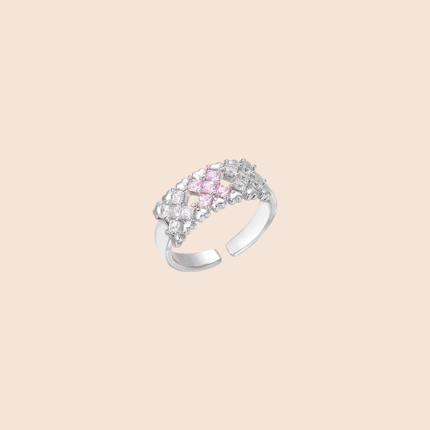 White gold plated adjustable ring with three rows of square zirconia stones in black or pink chevron pattern