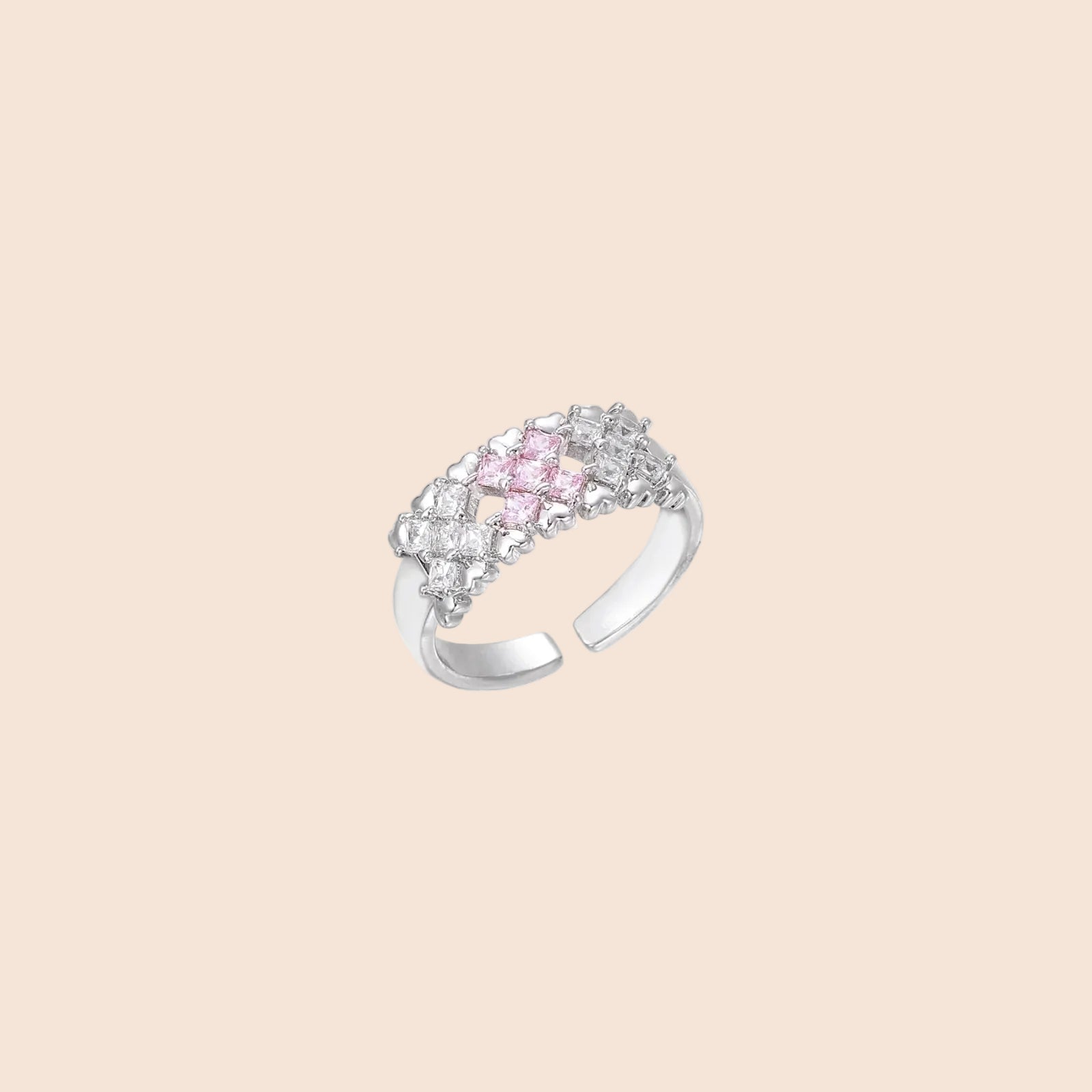 White gold plated adjustable ring with three rows of square zirconia stones in black or pink chevron pattern