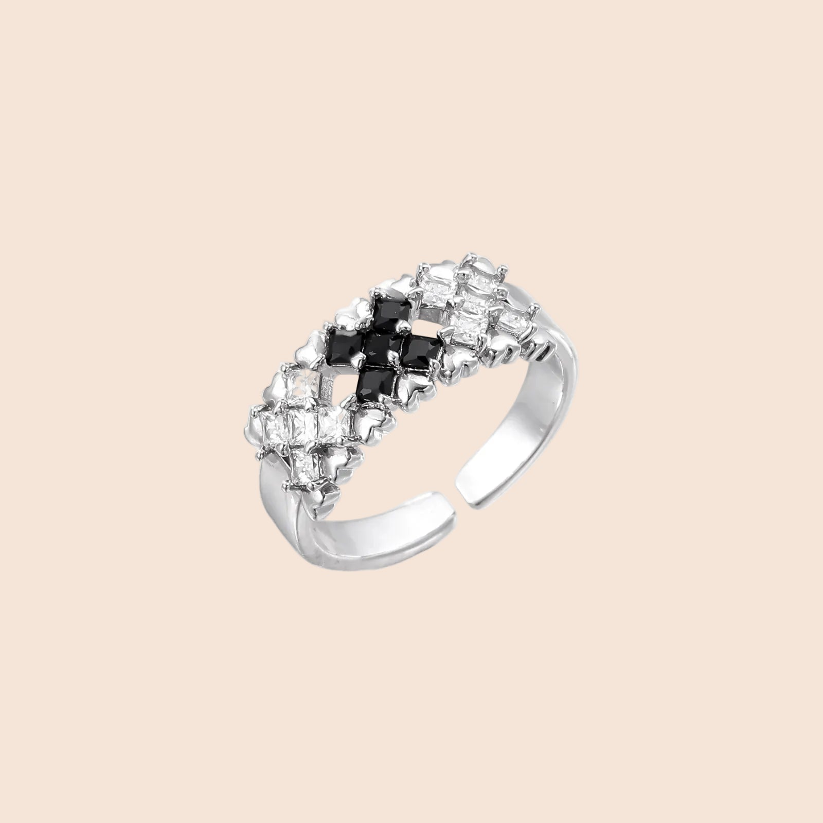 White gold plated adjustable ring with three rows of square zirconia stones in black or pink chevron pattern