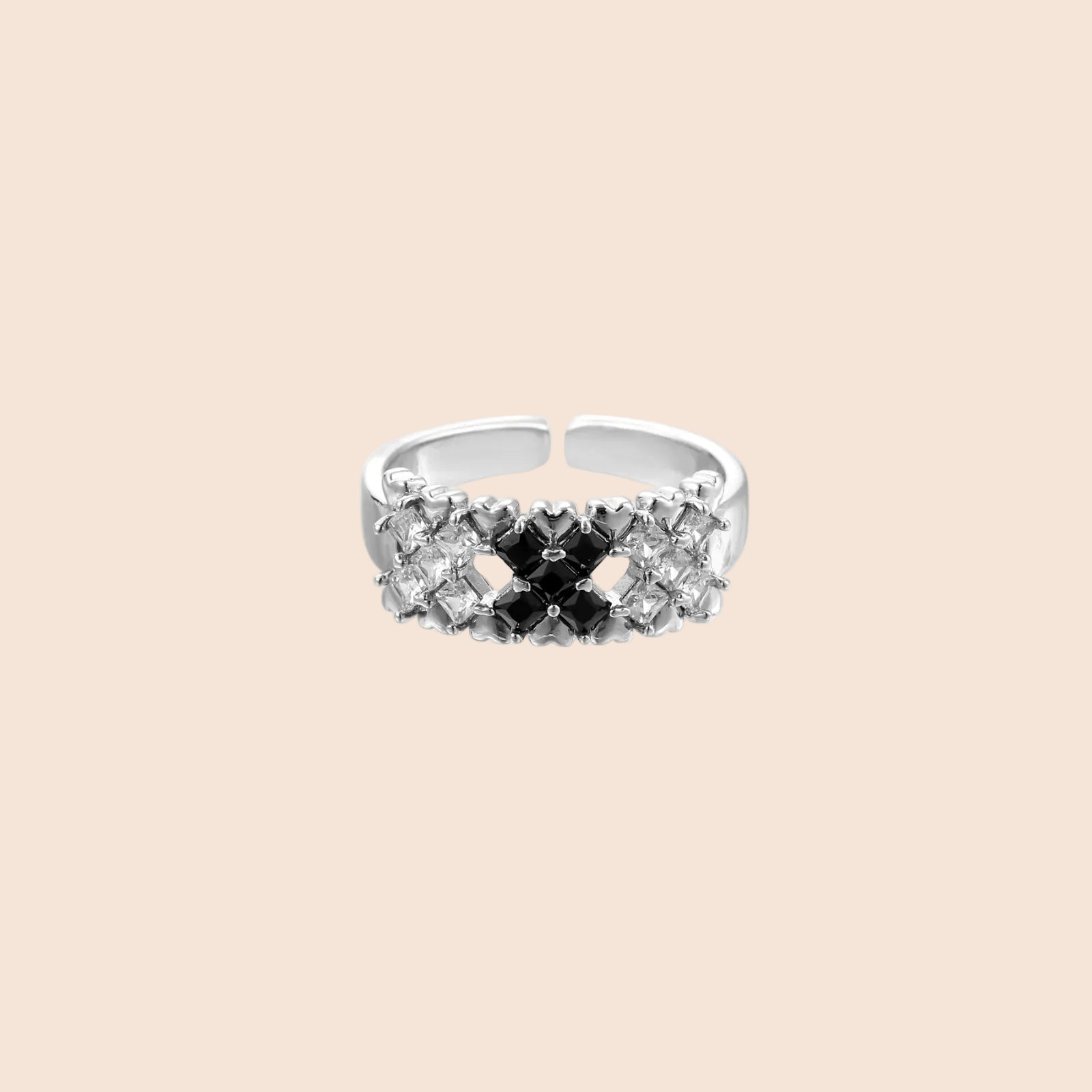 White gold plated adjustable ring with three rows of square zirconia stones in black or pink chevron pattern