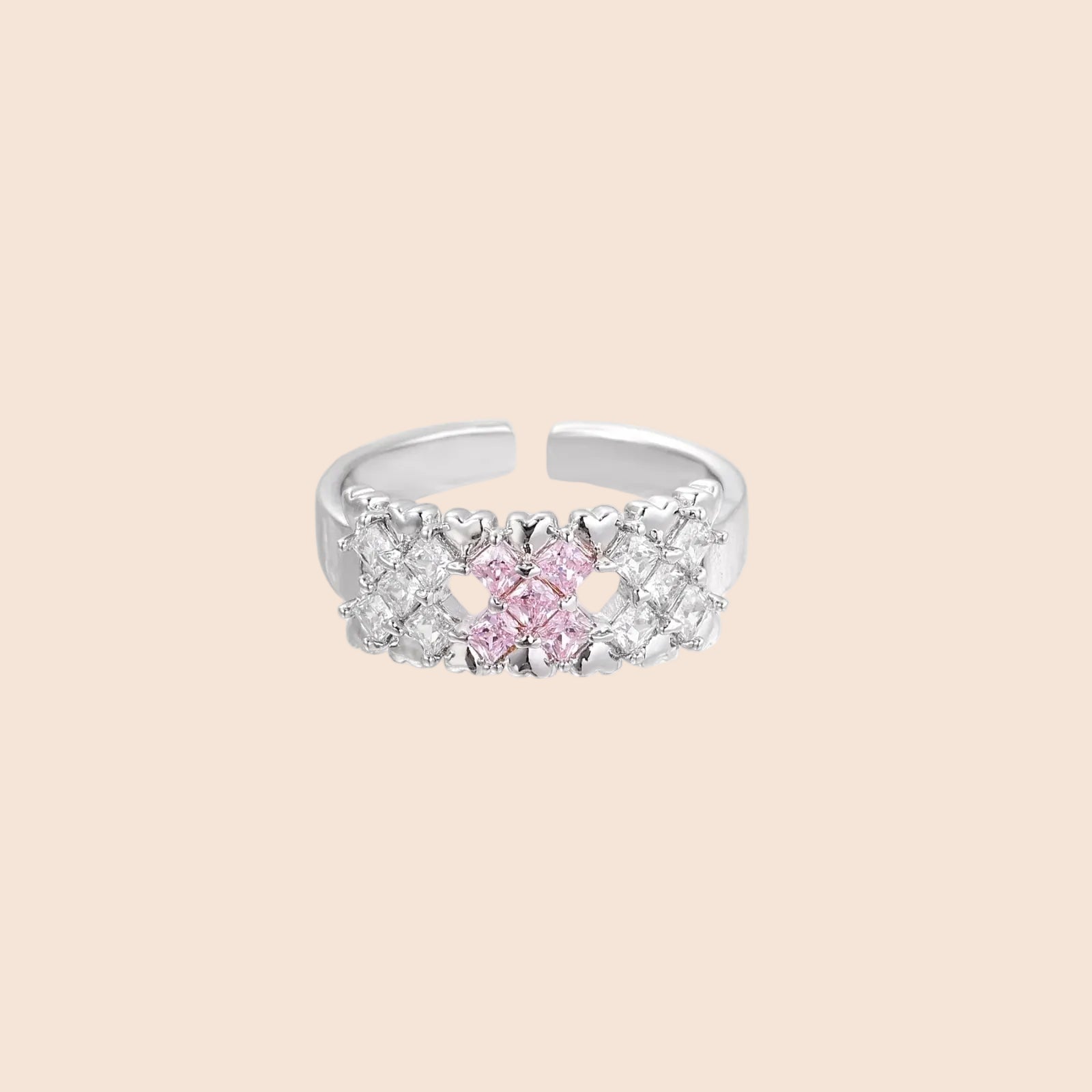 White gold plated adjustable ring with three rows of square zirconia stones in black or pink chevron pattern