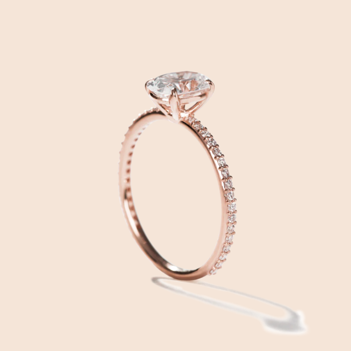 18K Rose Gold Oval Pave Solitaire Engagement Ring