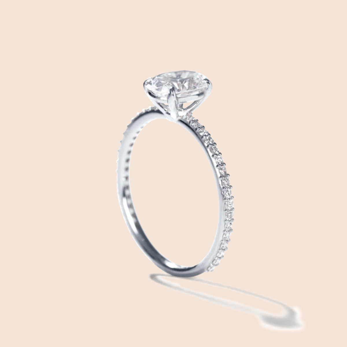 18K White Gold Platinum Oval Pave Solitaire Engagement Ring