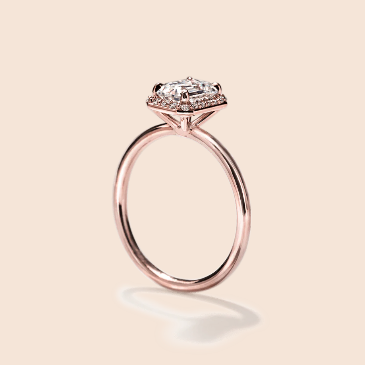 18K Rose Gold Emerald Radiant Halo Engagement Ring